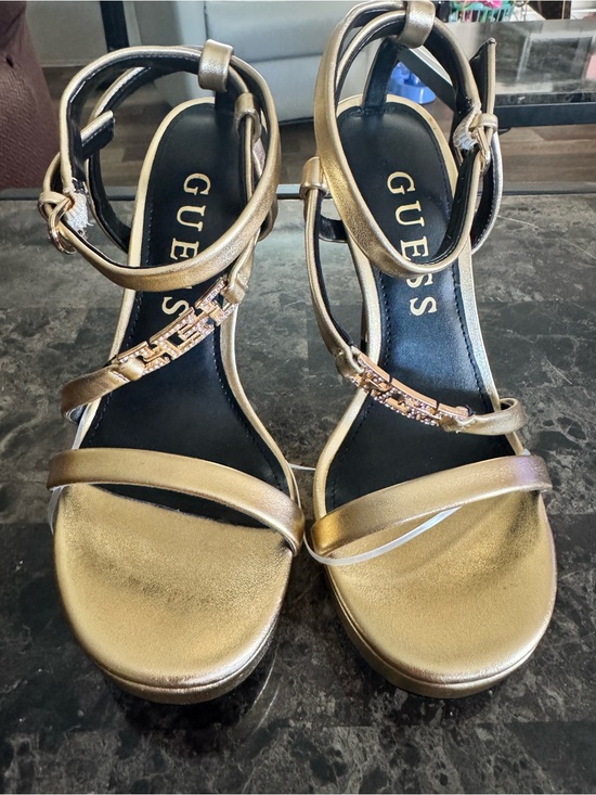 Guess Shoes - GUESS Gold Strappy Ankle‑Tie Heels
